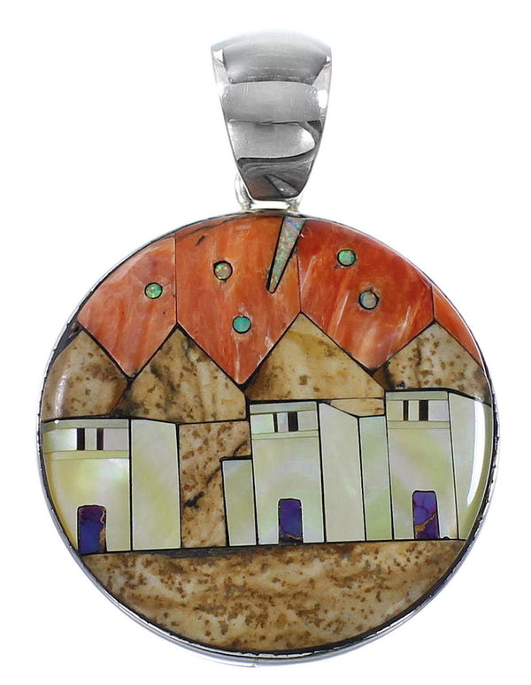 Multicolor Native American Village Design Silver Pendant YS62867